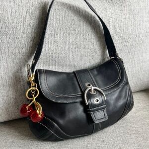 Large Coach Soho Black Leather Shoulder Bag with Buckle Detail